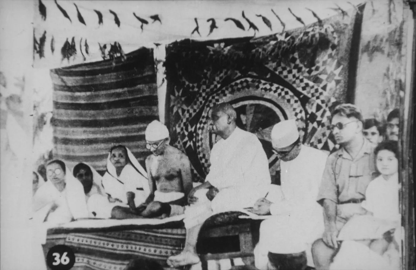 Gandhi and Vallabhbhai Patel seated together during the Bardoli Satyagraha, 1928