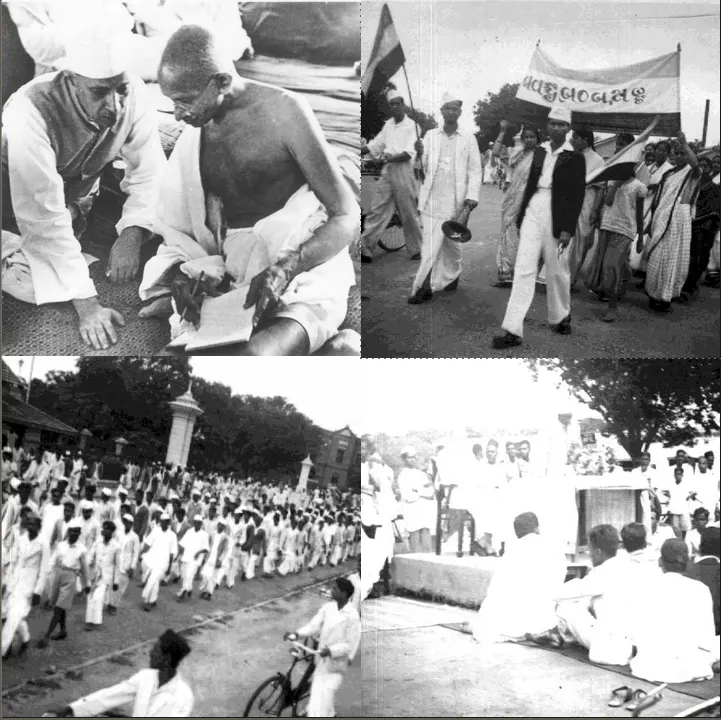 Four photographs from the Quit India Movement: Gandhi writing beside Nehru, a procession with flags and banners, a long column of marchers in white caps, and a seated gathering in front of a stage